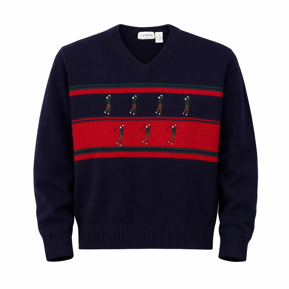 IZOD Golf Sweater Men Large Navy V Neck Golfer Embroidered Cotton Preppy Ivy Y2K